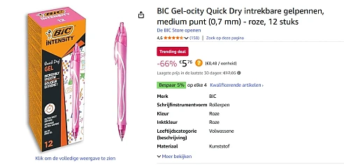 BIC Gel-ocity Quick Dry intrekbare gelpennen, medium punt (0,7 mm) - roze, 12 stuks