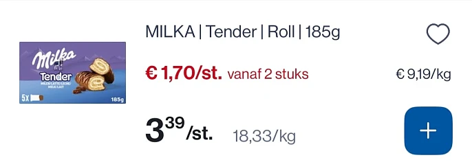 Milka tender roll 185 gram -50%