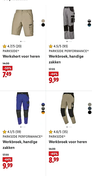 Parkside werkbroeken en werkshorten tot -50%