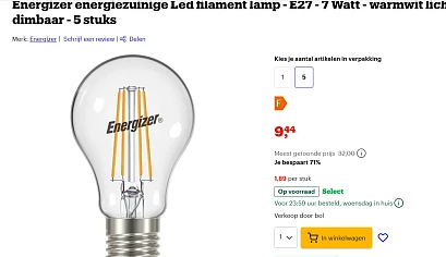 Energizer energiezuinige Led filament lamp - E27 5 stuks