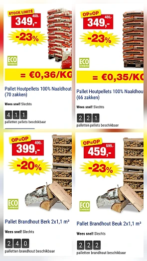 Hout pellets vanaf €5/zak + brandhout en kachels voordelig