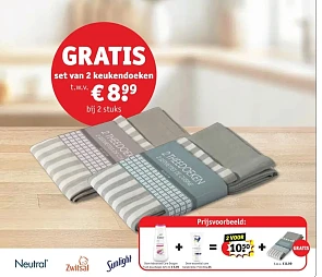 Gratis set van 2 keukenhanddoeken t.w.v. €8,99