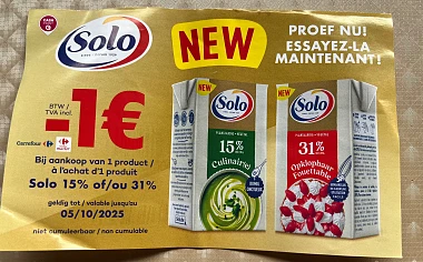 Kortingbon solo plantaardige room aan rek bij Carrefour