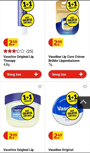 Vaseline 1+1 én 2 theedoeken gratis erbii bij Kruidvat