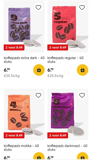 Verschillende koffiepads 40 stuks in promo op hema.com