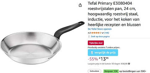 Tefal RVS pan voor €13,99 ipv €30,98 op Amazon BE