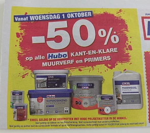 -50% op heel veel muurverf en primers bij Hubo