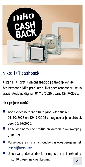 Niko: 1+1 cashback bij Hubo