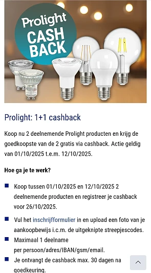 Prolight: 1+1 cashback bij Hubo