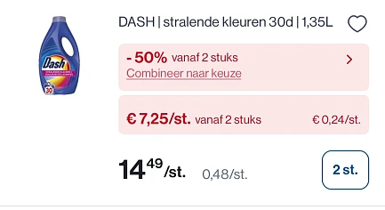 Dash vloeibaar wasmiddel 30 d -50% bovenop goedkopere prijs