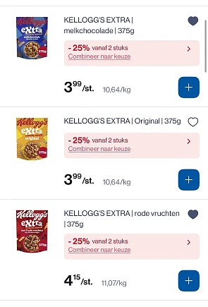Verschillende kellog’s extra in promo bij Collect en go