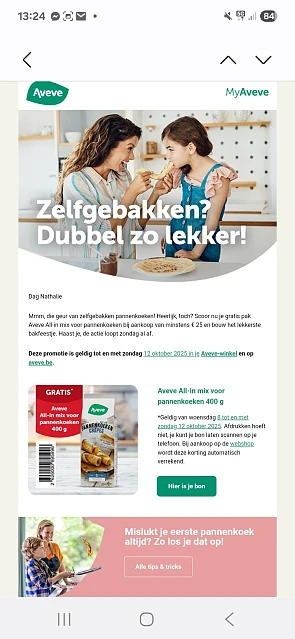Gratis pannenkoeken mix bij aankoop van 25€ bij Aveve