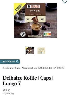 Koffie caps Lungo 7-200 gram -60% bij Delhaize.be