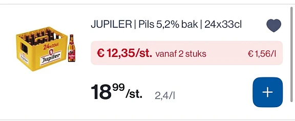 Jupiler 24x33 cl goedkoper slechts 1,56€/L -35%