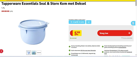 Tupperware kom met deksel inhoud 1.1L nu 5.99€