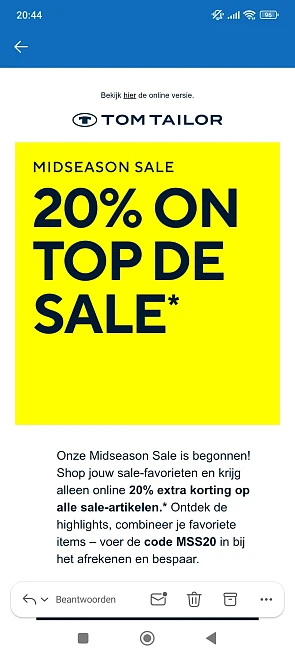 Tom tailor: -20% op afgeprijsde artikelen