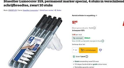 Staedtler Lumocolor 319, permanent marker special, 4 stuks in verschillende schrijfbreedtes, zwart 10 stuks