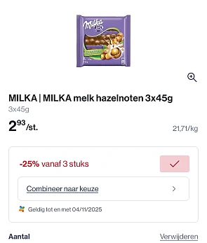 Milka melk met hazelnoten 3x45 gram goedkoper