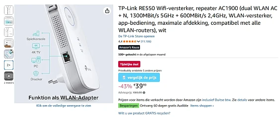 TP-Link RE550 Wifi-versterker voor €39.99 ipv €69.90 op Amazon DE