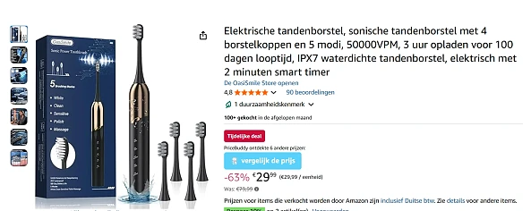 Elektronische tandenborstel voor 29.99€ met verschillende opzetstukken