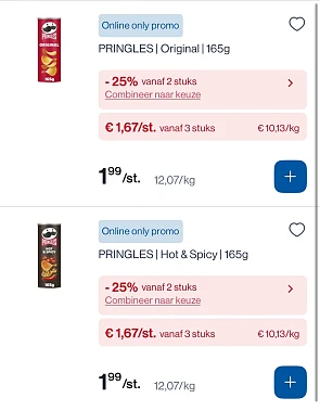 Pringles chips 165 gram goedkoper -25% extra bij Collect en go