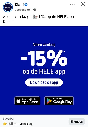 Vandaag 15% via de app van Kiabi