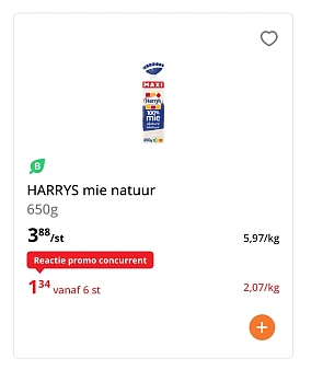 Harry’s mie natuur 650 gram goedkoper bij Colruyt