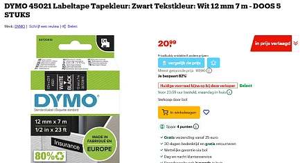 DYMO 45021 Labeltape Tapekleur: Zwart Tekstkleur: Wit 12 mm 7 m - DOOS 5 STUKS