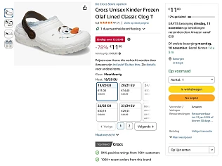 Crocs Unisex Kinder Frozen Olaf Lined Classic Clog T maat 19/20 -78% korting