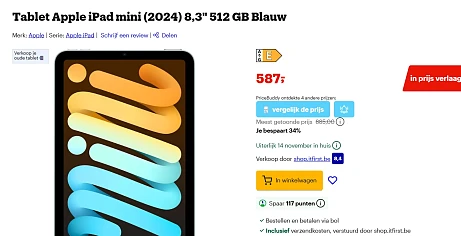 Tablet Apple iPad mini (2024) 8,3" 512 GB Blauw laagste prijs ooit -34%