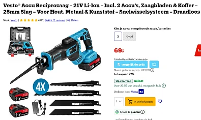 Vesto® Accu Reciprozaag – 21V Li-Ion – Incl. 2 Accu’s, Zaagbladen & Koffer – 25mm Slag – Voor Hout