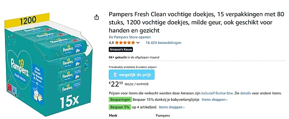 Pampers Fresh Clean vochtige doekjes 15x80 stuks