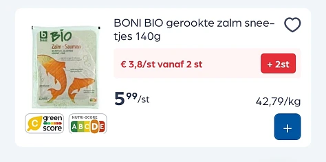 Boni bio gerookte zalm in sneetjes voor 3,80€/stuk