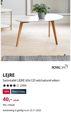 Salontafel 60x120 wit/naturel eiken -60%