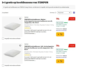 1+1 gratis op hoofdkussens van TEMPUR bij Bol