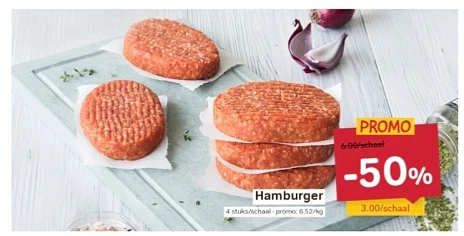 Hamburger -50%, kalfstong -30%