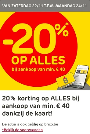 20% korting op ALLES vanaf €40 bij Brico