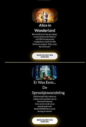 Alice in Wonderland -50% en De Sprookjeswandeling -25%