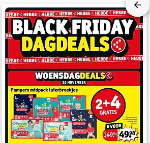 Black friday dagdeal woensdag 26/11 - 2+4 gratis op Pampers luierbroekjes bij Kruidvat