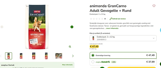 Zooplus actie hondenvoer animonda GranCarno Adult Gevogelte + Rund 2x12kg straffe deal!