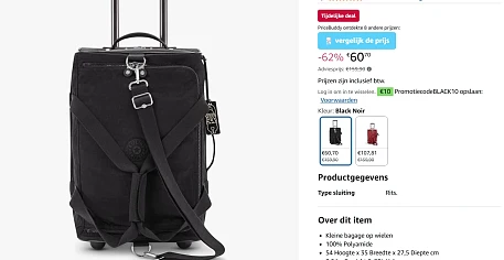 Kipling TEAGAN US Kleine duffeltas op wielen, handbagage met 62% korting