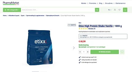 1+1 Actie - Etixx High Protein Shake Vanille - PharmaMarket