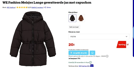Winter jas voor meisjes van WE fashion nu met 71% korting verschillende maten en 2 kleuren