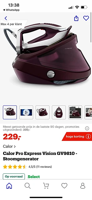 Calor stoomgenerator GV9810 aan 229€ (43% korting!)