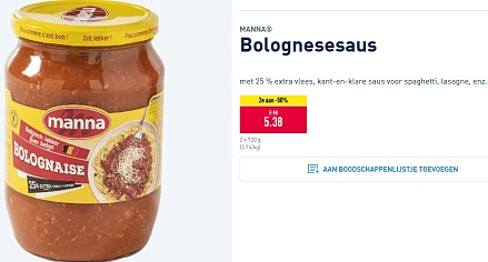 MANNA Bolognesesaus 2e aan -50% bij Aldi