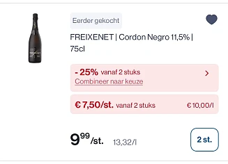 Freixenet cava cordon negro in promo -25% extra = 5,62 euro per fles