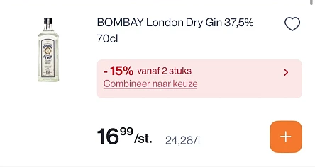 Bombay London dry gin 37,5% nu voor 14,44€/fles