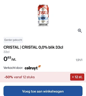 Cristal pils 0,0% 33 cl blik -50% in combinatie met 2,00€ coupon