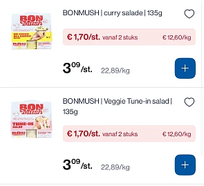 Bonmush salades voor 1,70€ ipv 3,09€