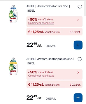 Ariel vloeibaar wasmiddel 35 d met dubbele korting